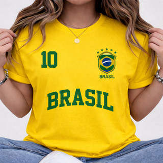 Camiseta Camisa Feminina Blusa 100% Algodão Streetwear Brasil Copa Bandeira Futebol Tendência Estoque no Brasil