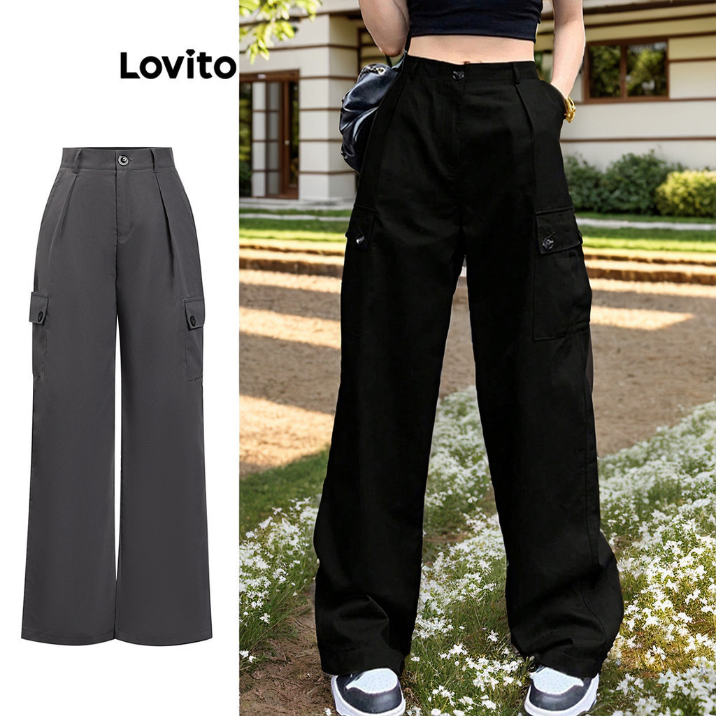 Lovito กางเกงผู้หญิง มีกระเป๋า สีพื้น สไตล์ลำลอง L74ED087 (หลากสี)