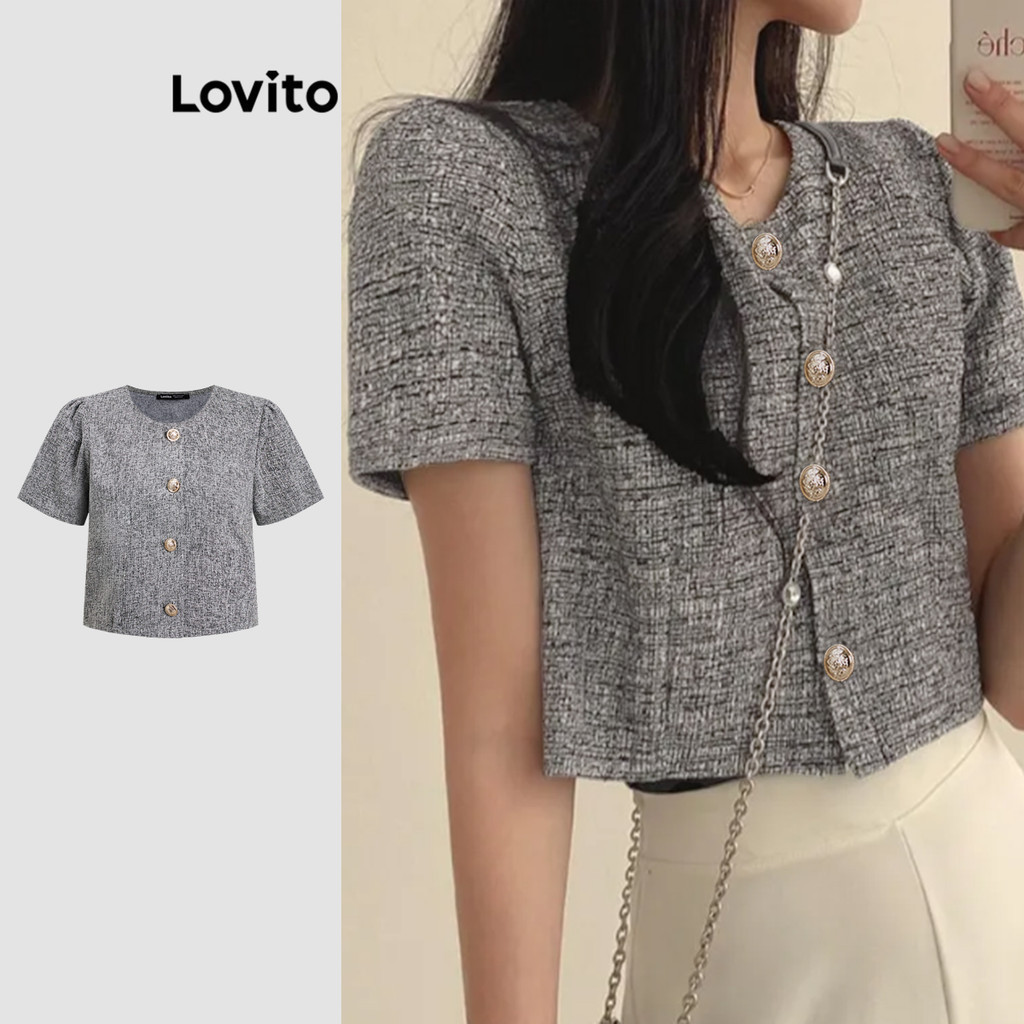 Lovito เสื้อเบลาส์ สีพื้น มีกระดุม สไตล์ลำลอง สำหรับผู้หญิง L121MD636