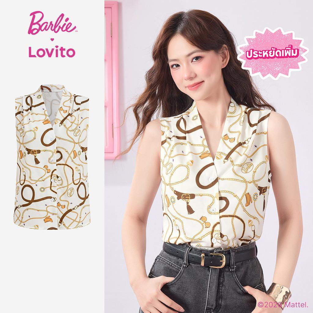 [Summer Sale] Barbie™ X Lovito เสื้อเบลาส์ลําลองแบบมีกระดุมจับจีบ สําหรับผู้หญิง เหมาะสําหรับฤดูใบไม้ผลิ/ฤดูร้อน BLBL3PAD034