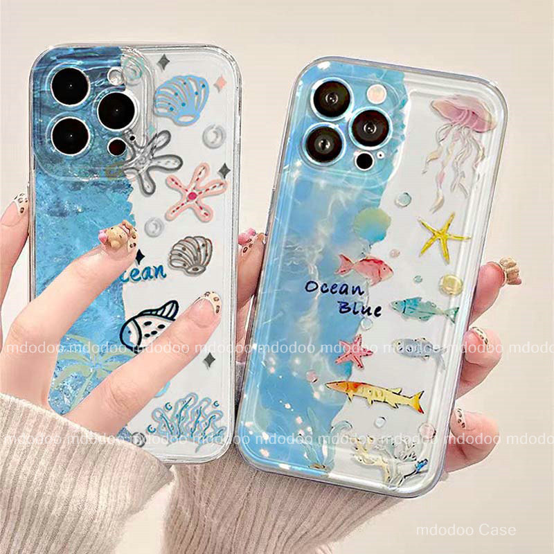 สวยงามการ์ตูนโลกมหาสมุทรเปลือกหอยปลาแมงกะพรุนดาวโปร่งใส เคส For Galaxy S24 S25 S23 S21 FE Plus S22 Ultra A16 M16 F16 5G