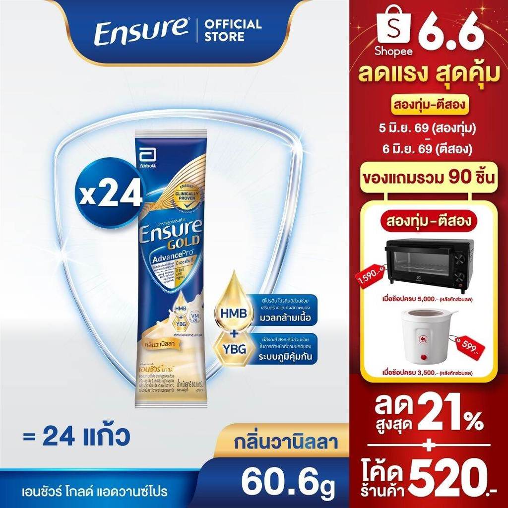 [ส่งฟรี] เอนชัวร์ โกลด์ แอดวานซ์โปร กลิ่นวานิลลา 60.6g 24 ซอง Ensure Gold AdvancePro vanilla sachet 60.6g x24