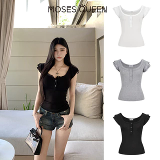 MOSESQUEEN มอสส์ ราชินี ปุ่มคอเหลี่ยมตกแต่ง แขนสั้น สไตล์หวานและเย็น พื้นฐานหลากสีสำหรับวันสบายๆ #63467