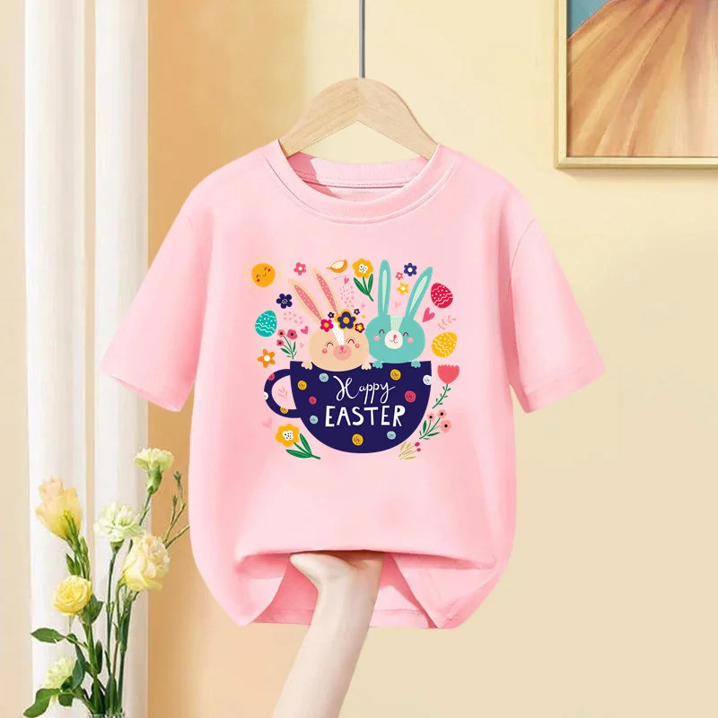 [มีสินค้า] เสื้อยืดเด็กผู้หญิง Aimi Lakana ลายกระต่ายการ์ตูนสำหรับวันอีสเตอร์ เสื้อแขนสั้นสำหรับเด็ก