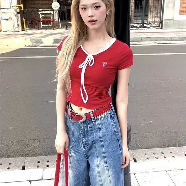 40 ผ้าฝ้ายแท้+Range Rover#韩系蕾丝花边蝴蝶结绑带T恤女辣妹修身上衣织注们外关 S0ZE