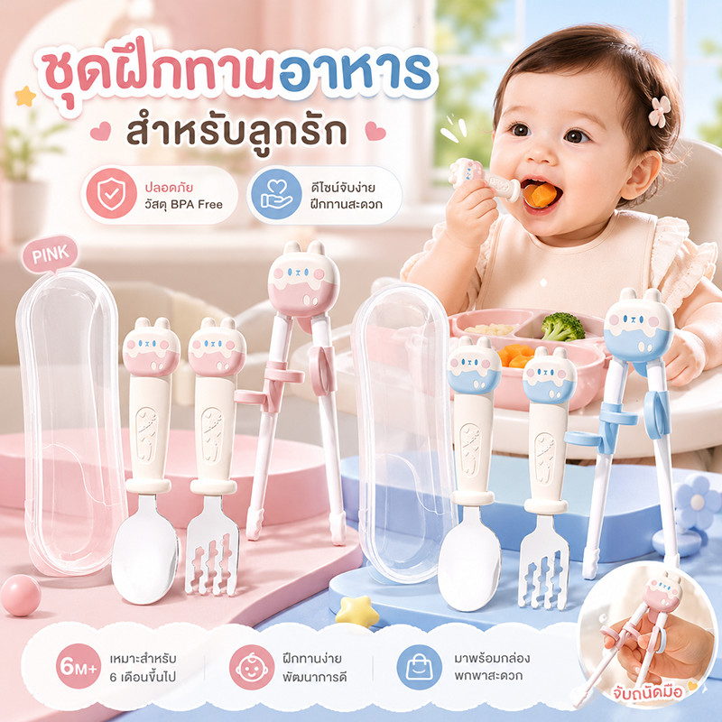 ชุดช้อนส้อมเด็ก ช้อนส้อมเด็กไปโรงเรียน วัสดุซิลิโคน/สแตนเลส ฝึกการหัดจับของเด็ก แข็งแรงทนต่อการตก