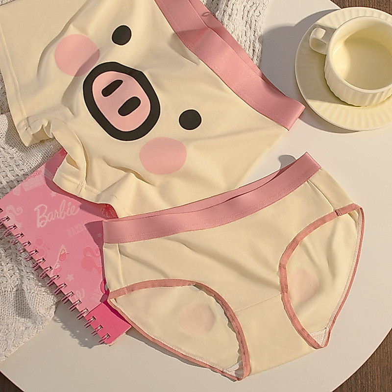 กางเกงคู่รัก Milan Pure Cotton Pig Couple underwear Pink Couple Boxer Mid-Waist Cute Briefs/Cola 6.1