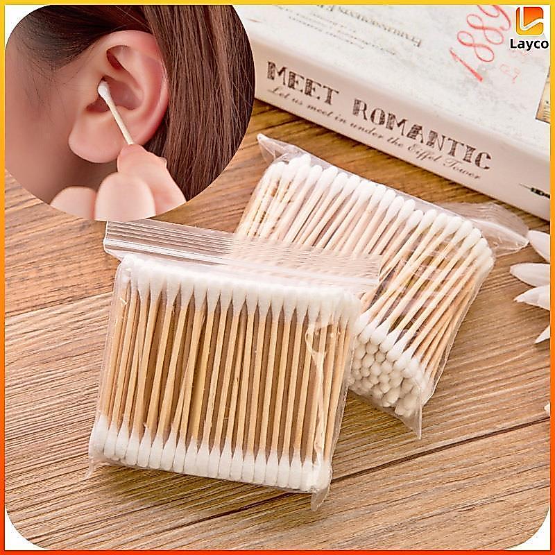 Layco คัตตอนบัด ก้านไม้ธรรมชาติ คัตตอนบัด 100 ชิ้น 2 หัว สำลีแน่นไม่หลุดร่วง ใช้เช็ดหู-จมูก-แผล ปลอ
