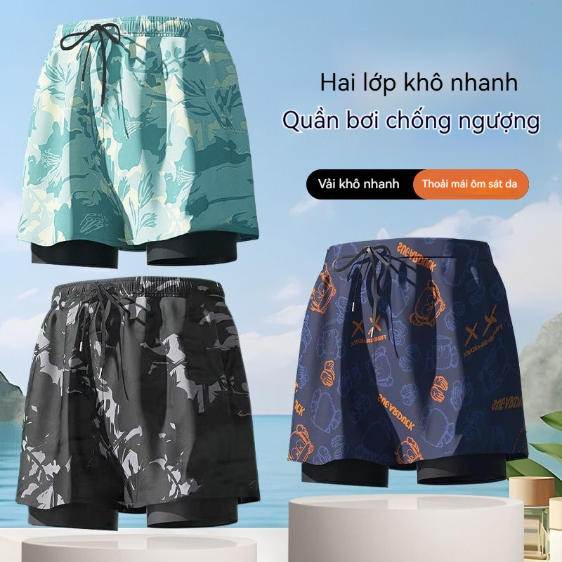 กางเกงว่ายน้ําผู้ชาย Anti-Embarrasing ผู้ชายสบาย Quick-Drying Double-Layer Seaside ต้องมีบางกีฬาวิ่งกางเกงชายหาด