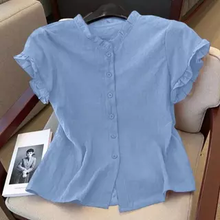 เสื้อคอกลมผู้หญิงดีไซน์นัวเนียลายทางแขนสั้นด้านบนเสื้อเชิ้ตสีทึบสไตล์หวานระบายอากาศได้ดี ใส่สบาย