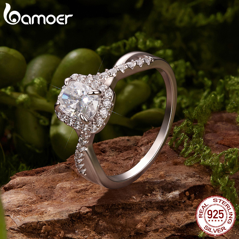 Bamoer แหวนเงินแท้ 925 1CT Cushion-Cut Moissanite หมั้นเครื่องประดับของขวัญสําหรับผู้หญิง