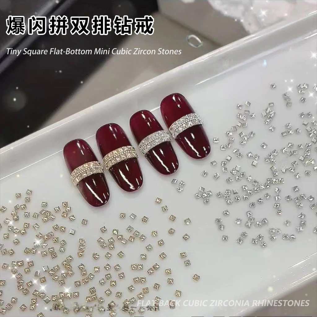 50 Influencer Strobe คู่แถวแหวนเพชรแต่งเล็บเพชรวัสดุแพคเกจ Mini Small Square Zircon ด้านล่างแบนเพชรตกแต่งเล็บขายส่ง
