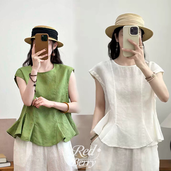 Red Berry เสื้อเชิ้ตผ้าลินินคอกลมสำหรับผู้หญิงตัวนี้เหมาะสำหรับสวมใส่ในฤดูร้อน มีชายเสื้อระบาย W732