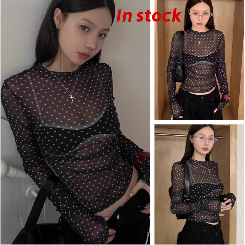 [Grojoy] สีดําเซ็กซี่ Polka Dot พิมพ์ผ้ากอซเสื้อยืดแขนยาวผู้หญิงฤดูร้อนสไตล์เกาหลี Slim-Fit สั้น G79838 #