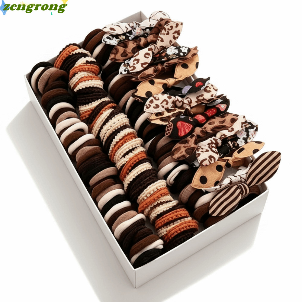 ZENGRONG 130 ชิ้นผสมเด็กผูกผมชุด,เสือดาวพิมพ์หวานยืดหยุ่นผู้ถือผมหางม้า,แฟชั่นน่ารัก Neutral Brown Bowknot ยาง Band สําหรับหญิงอุปกรณ์เสริมผม