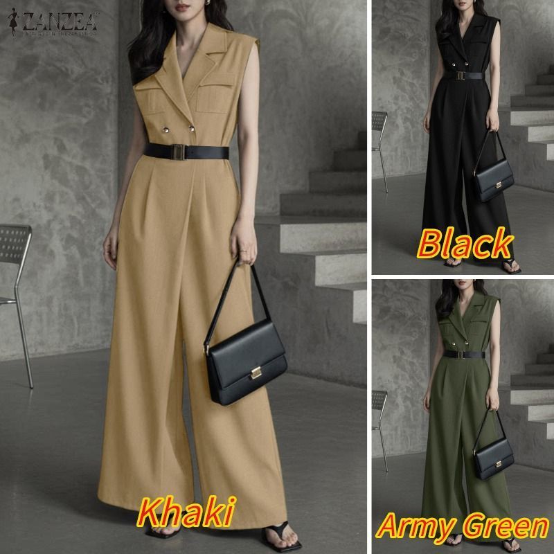 ZANZEA ผู้หญิงสํานักงานอย่างเป็นทางการเกาหลี OL Notch Lapel Double-Button แขนกุดขากว้าง Elegant Jumpsuits — صورة 3