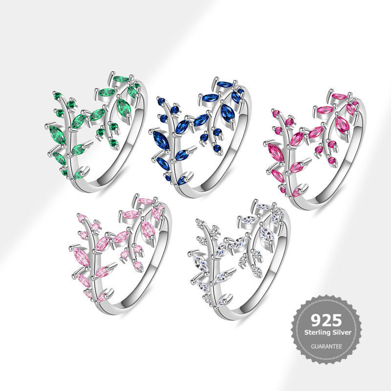 S925 Silver กําไลข้อมือเปิดสดและละเอียดอ่อนที่มีดีไซน์เรียบง่ายพร้อมใบไม้และกิ่งไม้ประดับเพชรแวววาว