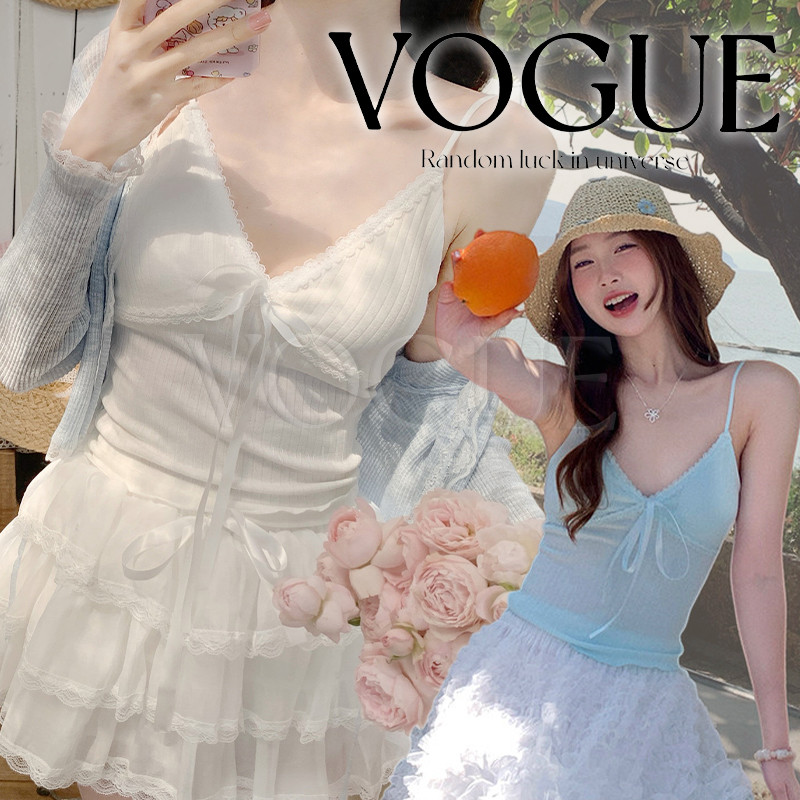 Vogue พร้อมส่ง เสื้อสายเดี่ยวคอวี ขอบลูกไม้ผูกโบว์ตรงกลางน่ารักๆ มีฟองน้ำ (FY2901#2)