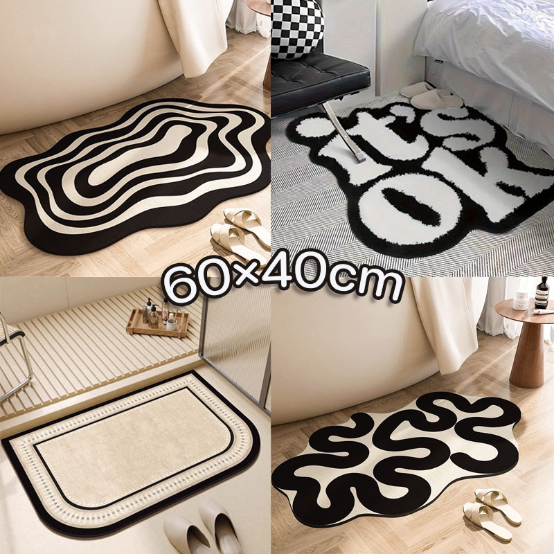 COD แผ่นรองพื้น พรมลายขาวดำ พรมเช็ดเท้ายาง โทนสีดำ ขนาด 60×40cm ดูดซับน้ำ มีกันลื่น แห้งไว  ﻿