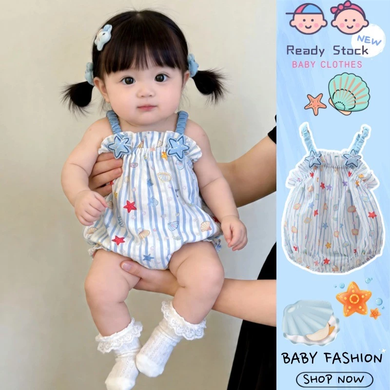 ฤดูร้อนสไตล์ใหม่เด็กสาวมหาสมุทร-สไตล์แขนกุดบางกระเป๋าไขมันเสื้อผ้าผู้หญิง0-24เดือนผ้าฝ้ายสลิงปลาดาวพิมพ์บอดี้สูท