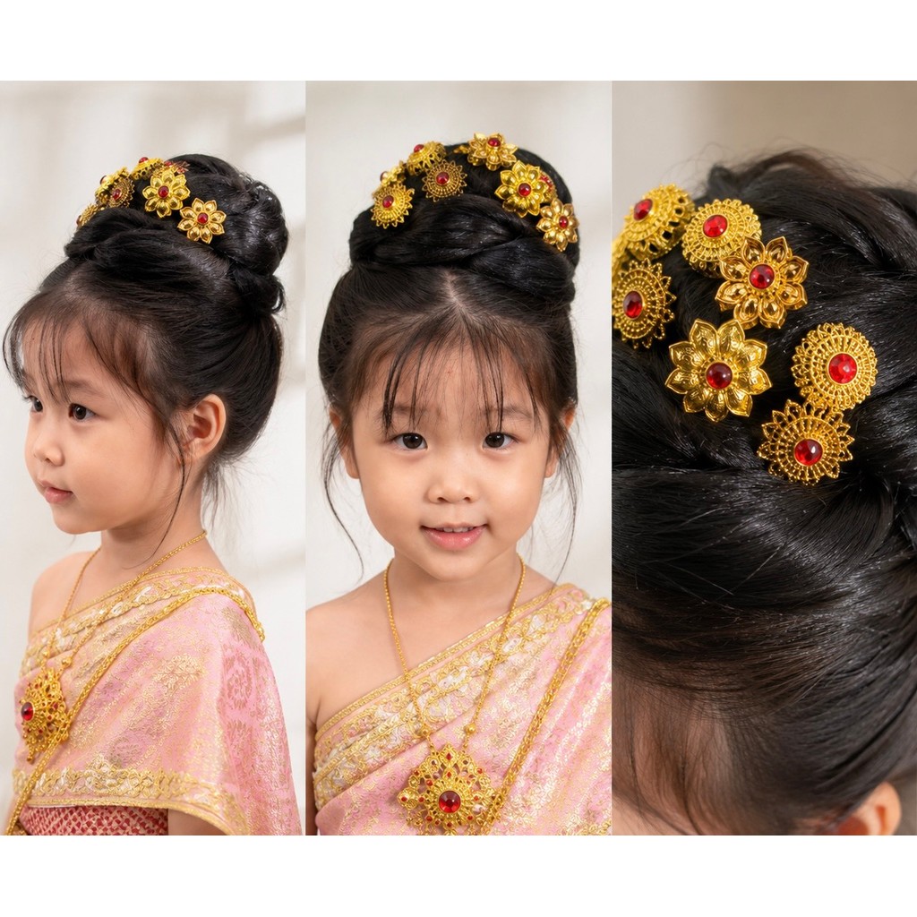 ปิ่นปักผมล้านนา ชุด 3 ชิ้น สีทองและสีทองแดง ประดับพลอยสีแดง สไตล์ไทยโบราณ มีให้เลือกหลายแบบ