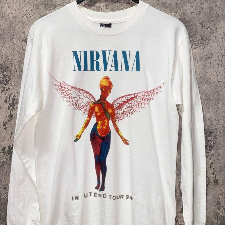 ธีมบันทึกคลาสสิก Nirvana แขนยาวสไตล์อเมริกันย้อนยุคผ้าฝ้ายแท้หนักเด็กชายทุกการแข่งขันเสื้อคอกลม