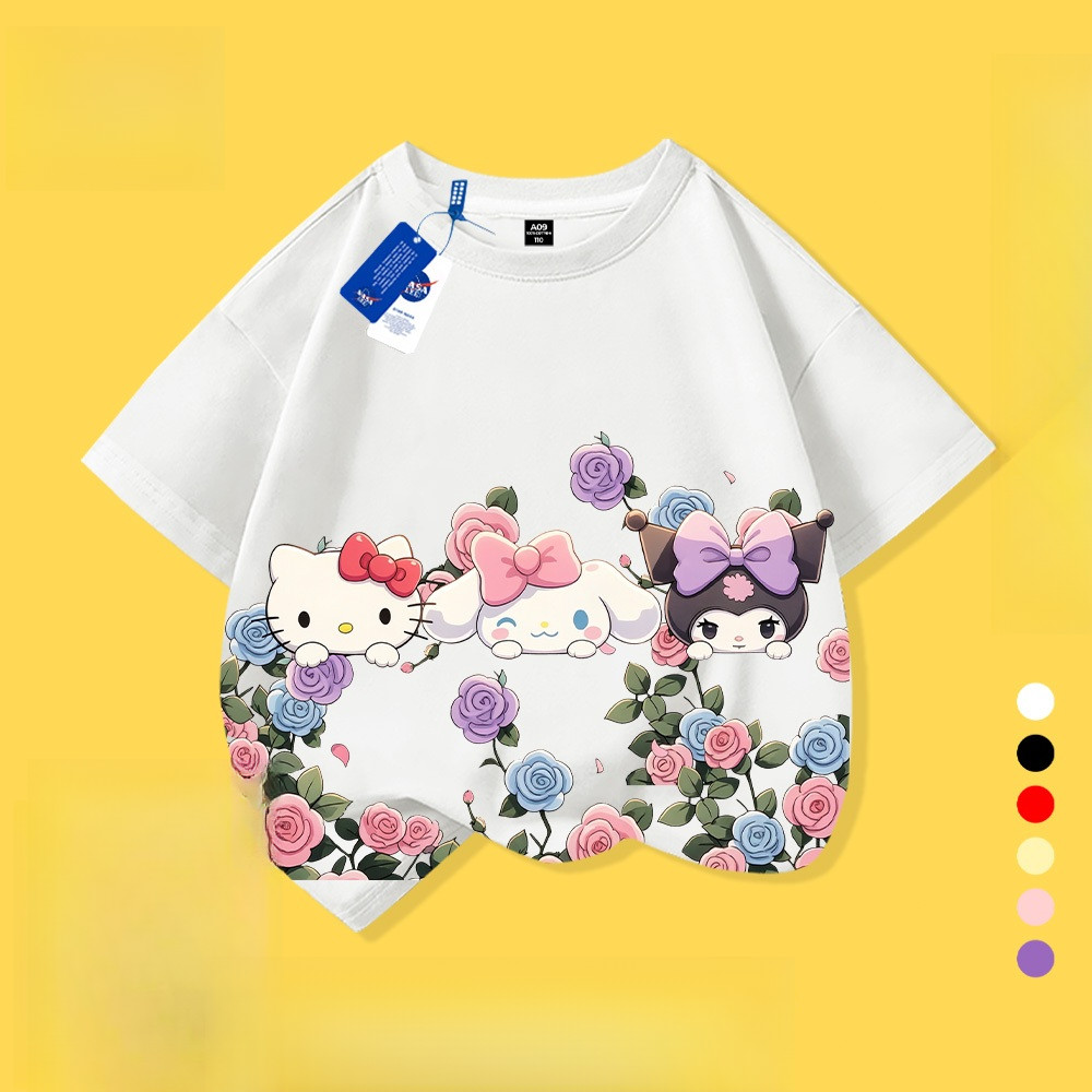 220G เสื้อยืดผ้าฝ้าย 100%DDU NASALEE Kids T - เสื้อ Hello Kitty & Kuromi & CinnamorollFloral พิมพ์แข