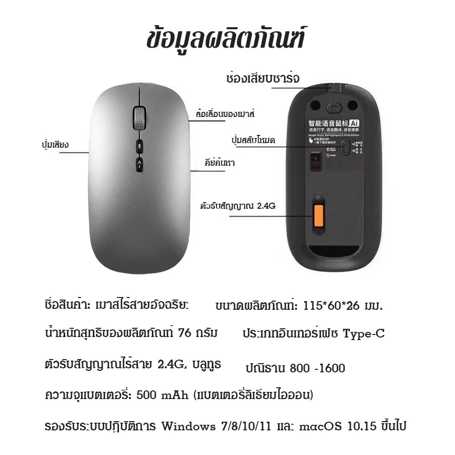 เมาส์ไร้สาย ชาร์จได้ บลูทูธ ลดเสียง แปลภาษา thumbnail 9