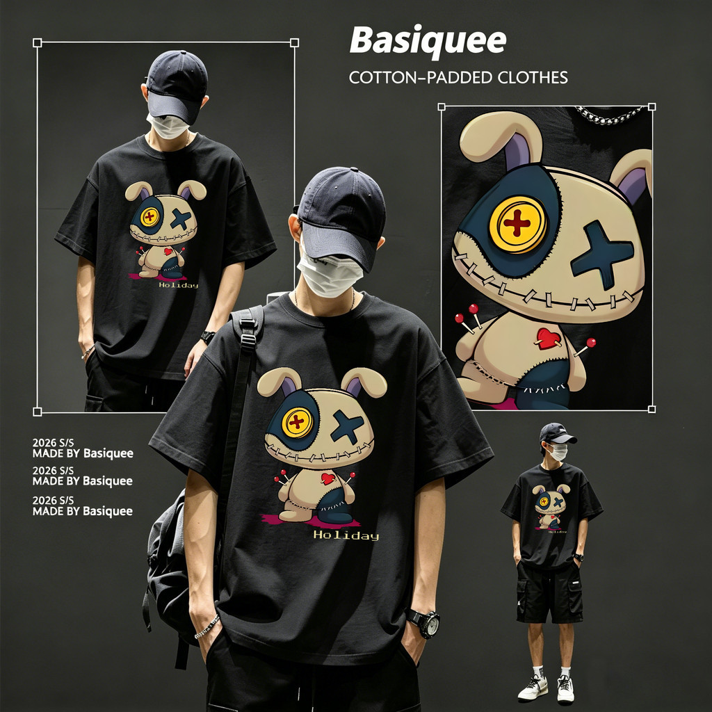 Basiเสื้อแฟชั่น เสื้อยืด oversize ผ้าฝ้าย100% แนวสตรีท ไม่ต้องรีดผ้า สวมใส่สบาย ผ้านิ่ม  ลาย  "HOLIDAY"