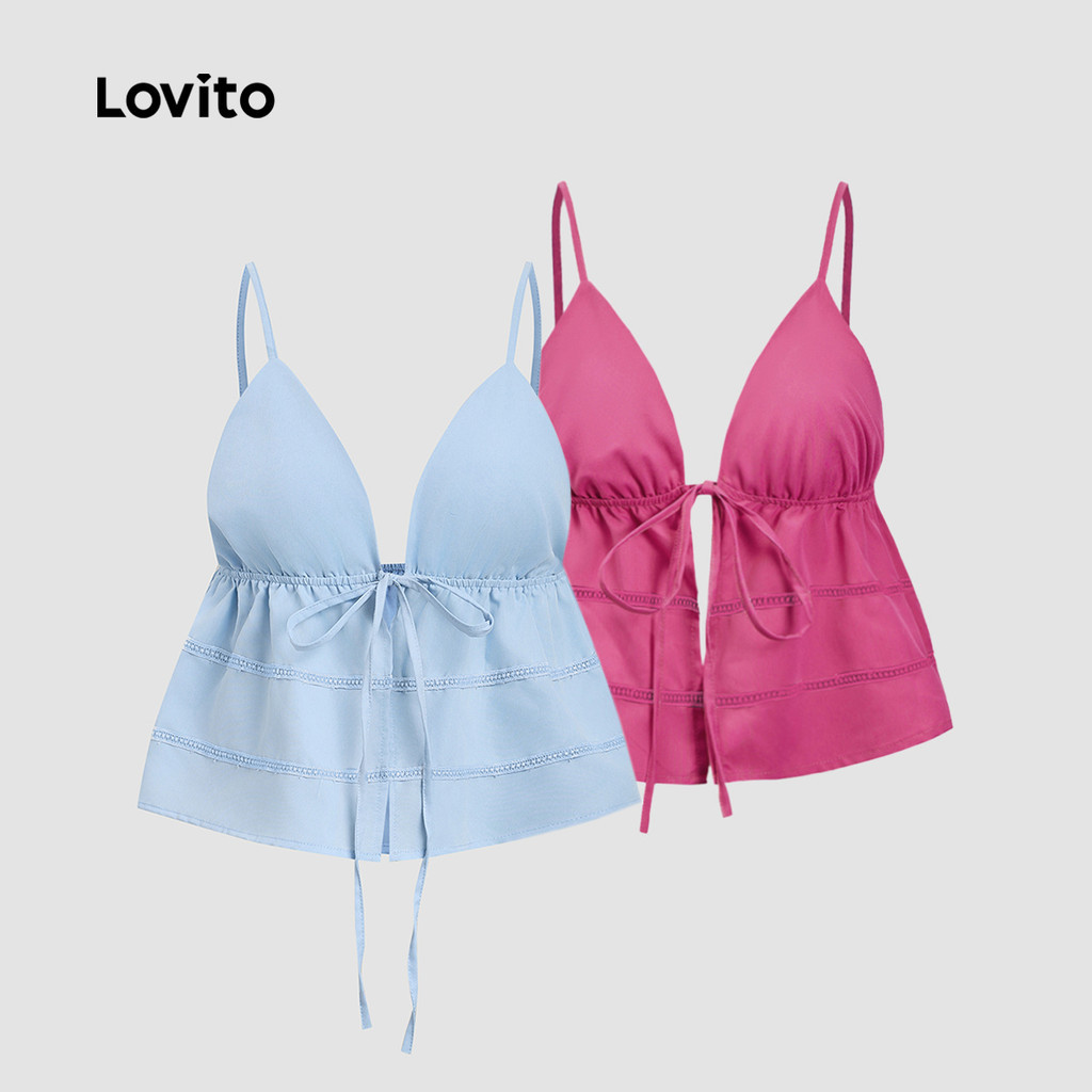 Lovito เสื้อกล้ามลำลอง คอฮาลเตอร์เซ็กซี่ ทรงเรียบ มีระบาย คอผูกเชือก สำหรับผู้หญิง L90AD016 (หลากสี)