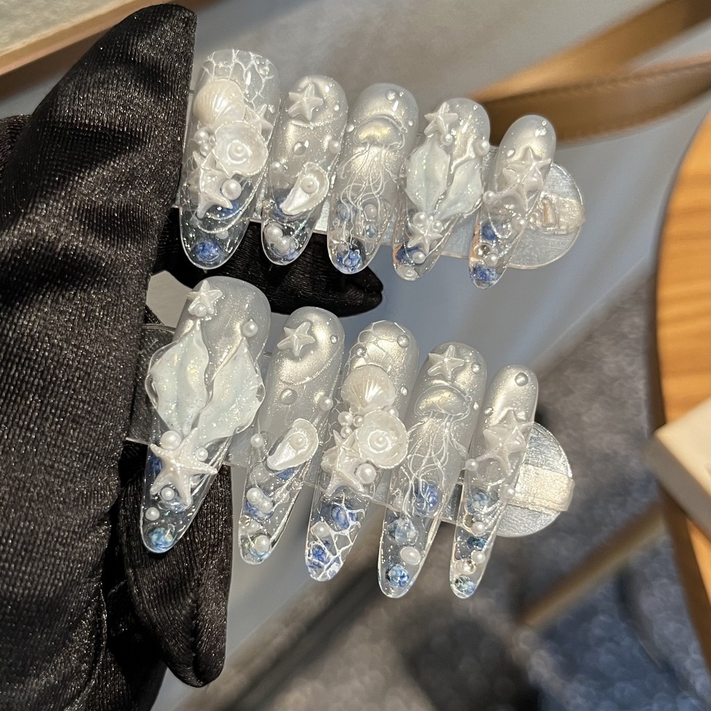5in1 Toolkit+HANDMADEPress On Nails Clear Blue White Seashell Pearls Phototherapy แผ่นแปะเล็บปลอมเล็บเทียมนํากลับมาใช้ใหม่ได้