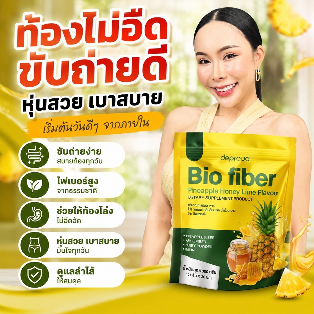 ใหม่ ไฟเบอร์ สับปะรดแบบห่อ Deproud ดีพราว Fiber Pineapple ผลิตภัณฑ์เสริม อาหารชนิดชงดื่ม ท้องอืด ถ่ายยาก (ถุงละ 30 ชอง)