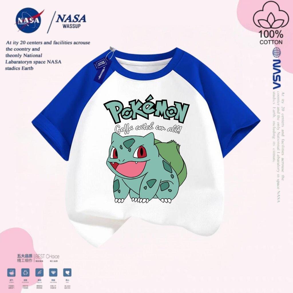 NASA Co-Branded Pokemon Frog Seed เสื้อยืดแขนสั้นผ้าฝ้ายแท้ชายหญิงเสื้อ Bottoming