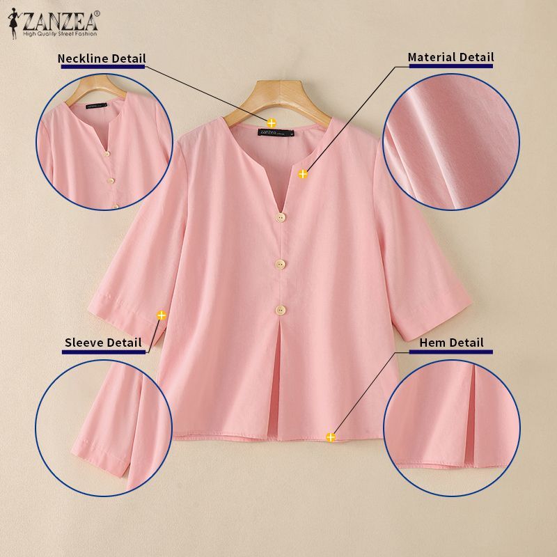 ZANZEA ซานเซีย แฟชั่นสตรีผ้าฝ้ายคอวีครึ่งแขนเสื้อหลวมแข็ง — صورة 7