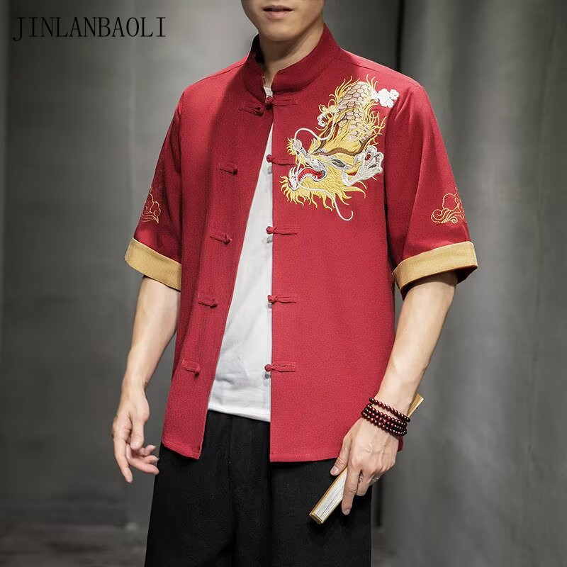 [จินลันบาวลี] ปุ่มกระทะสไตล์จีน กลิ่นฉุน สไตล์หลวมเสื้อเชิ้ตแขนสั้นห้าไตรมาส