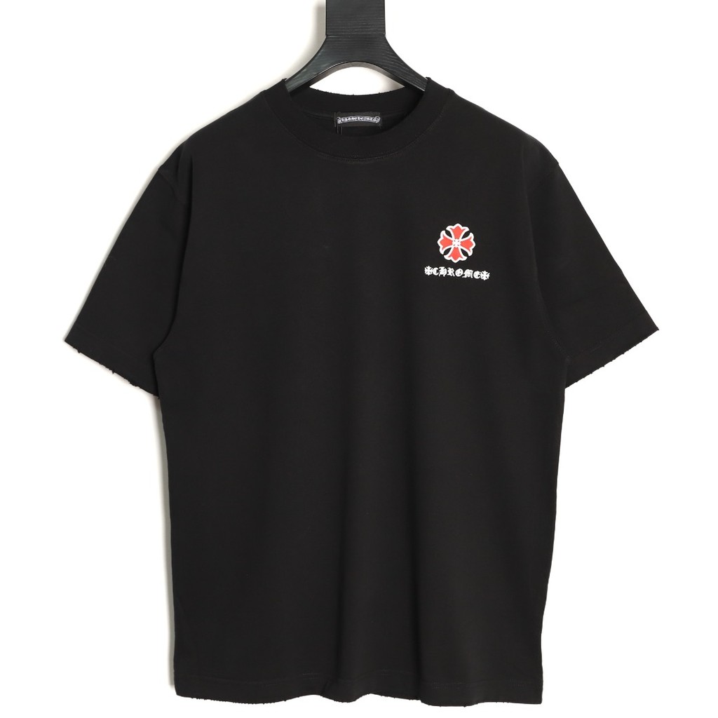 CHROME HEARTS ฤดูร้อนสไตล์ใหม่แขนสั้นเสื้อยืดผู้ชายผู้หญิงคู่สไตล์เสื้อสวมหัวสีคมชัดกีฬาแขนสั้นสบาย 