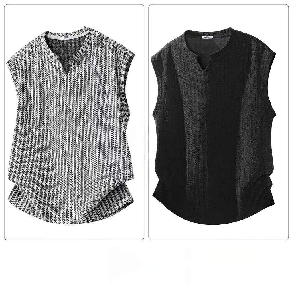 เสื้อกล้ามแขนกุดลายทางฤดูร้อนของผู้ชายทรงหลวมเสื้อเชิ้ตลําลองน้ําหนักเบาขนาดใหญ่พลัสไซส์ท็อป