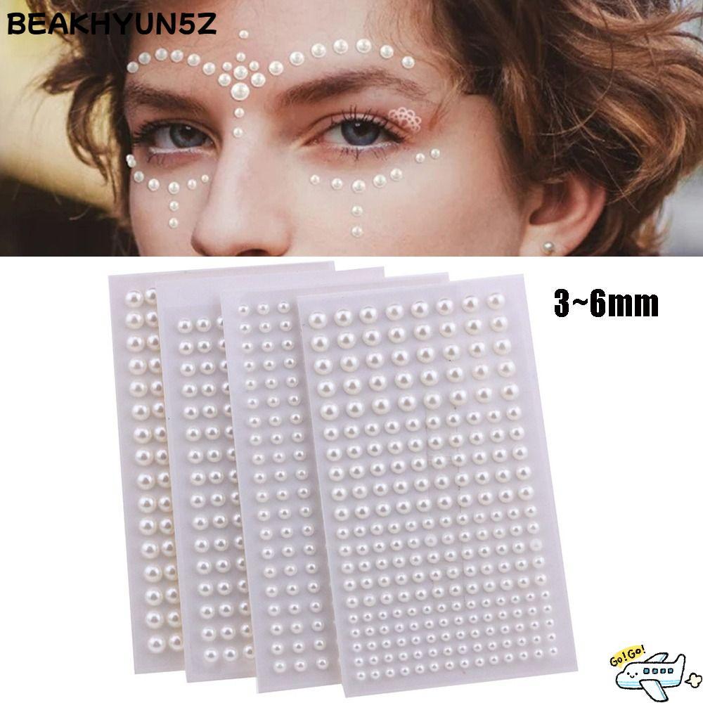 BEAKHYUN5Z สติ๊กเกอร์มุก, ไข่มุกติดผมแบบมีกาวในตัว, แฟชั่นสวยสีเบจผสม 3/4 มม./5 มม./6 มม. สติ๊กเกอร์มุกหน้าสําหรับแต่งหน้าผม