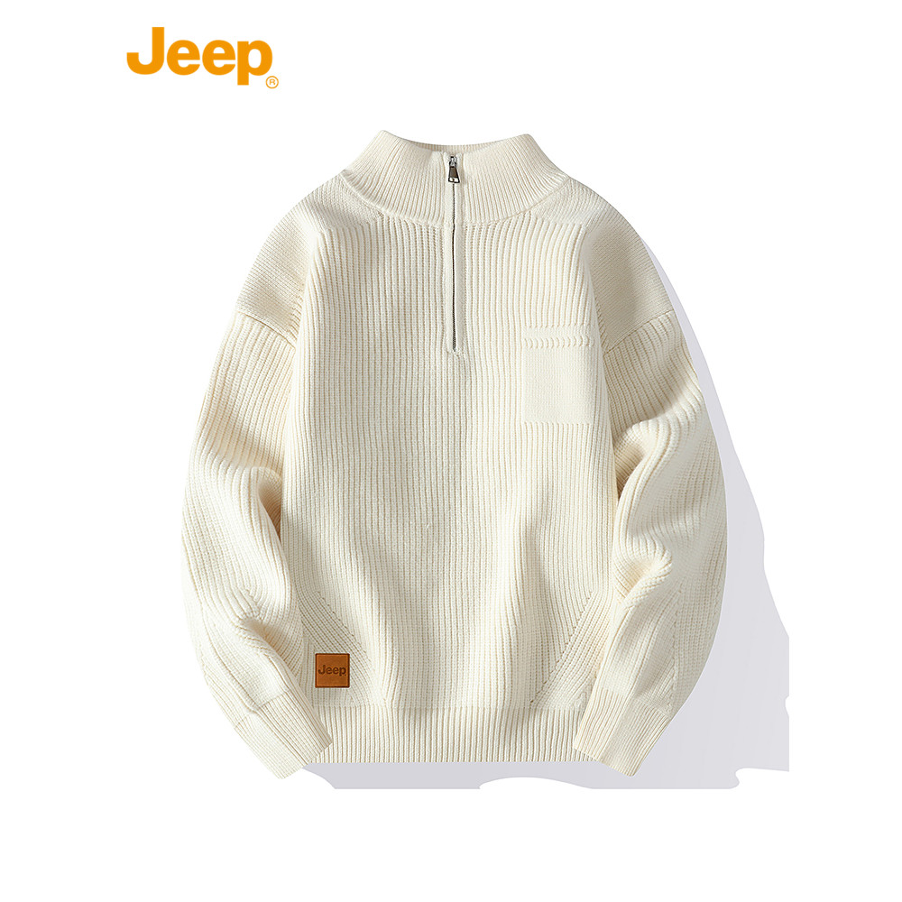 Jeep Jeep เสื้อกันหนาวผู้ชายฤดูใบไม้ร่วงฤดูหนาวสไตล์ใหม่หนาถักเสื้อกันหนาว All-Match ครึ่งซิป Bo