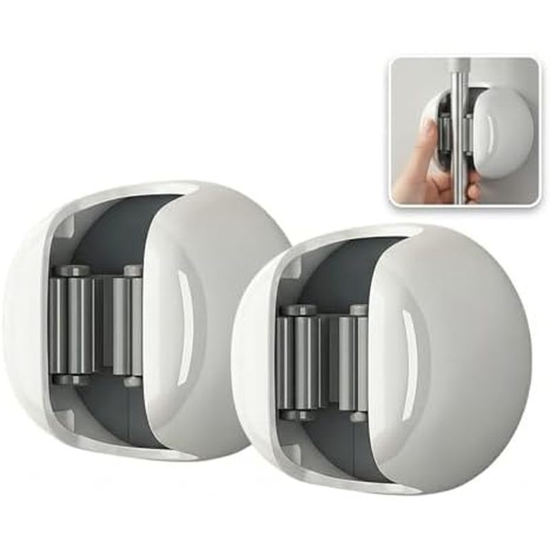 2 Pack Mop and Broom Holder Wall Mount - Self Adhesive Broom Hanger, No Drilling Organizer - Grey Wh