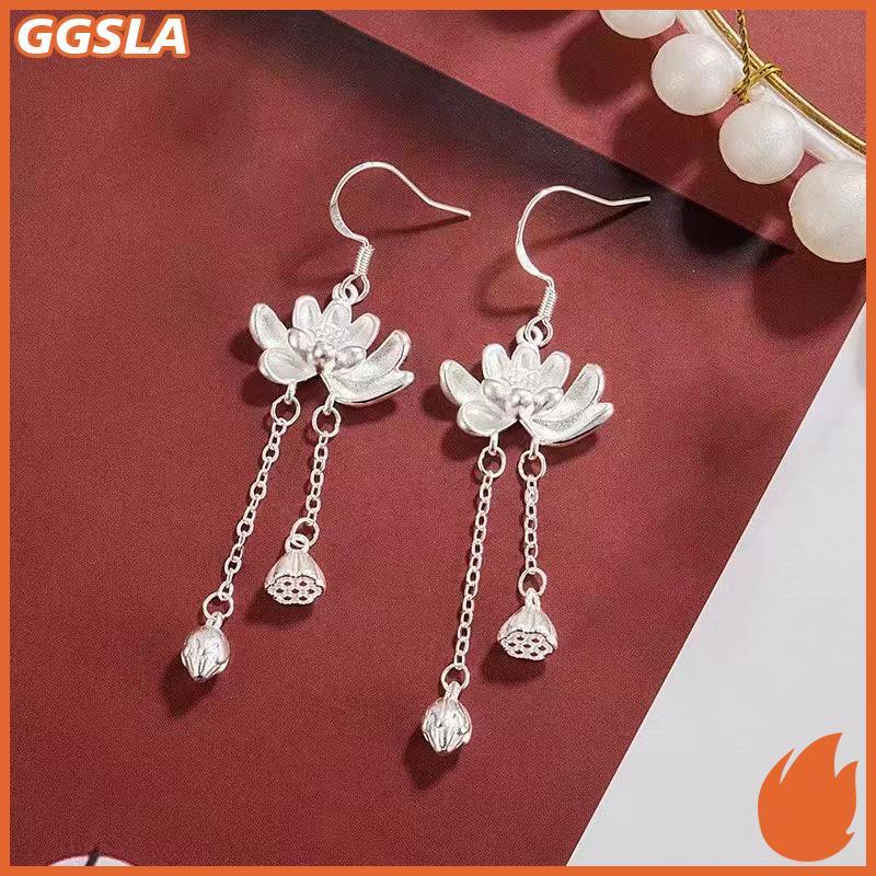 GGSLA 1 คู่แฟชั่นสไตล์จีน Lotus ยาว sel Dangle ต่างหูผู้หญิงสาว Elegant ประณีตดอกไม้หูตะขอของขวัญใหม่