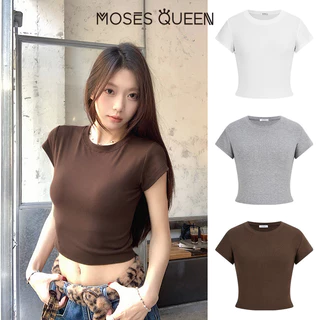 < MOSESQUEEN > เสื้อผ้าสกรีนแบบแขนสั้น ชุดพื้นฐานฤดูร้อน ขนาดเล็ก รูปทรงหลวม ด้านหน้า ไหล่ คอต้องห้าม เสื้อผ้าสกรีนแบบคอปก ลำตัวเรียบ สีเดียว #63435