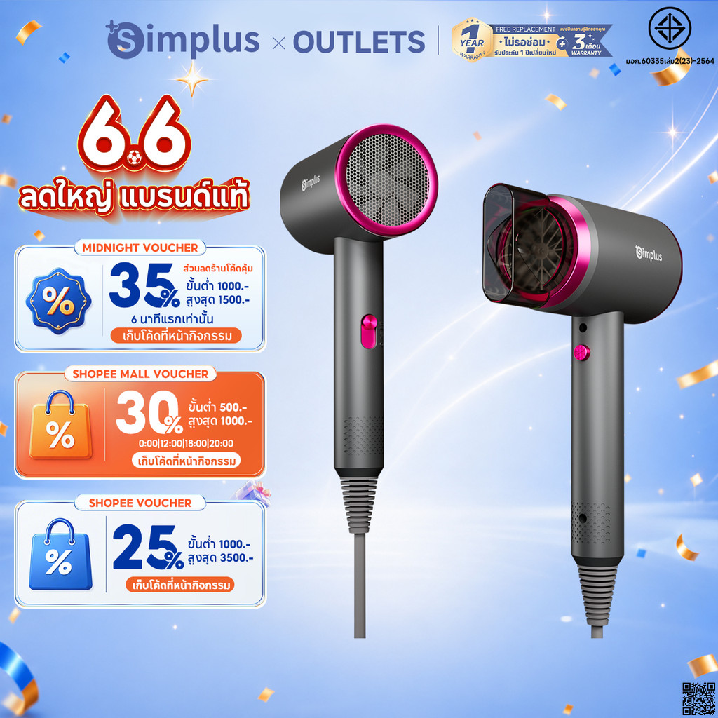 Simplus Pink ไดร์เป่าผม ปรับความเร็วได้ 3 ระดับพร้อมหัวฉีดกระจายความร้อน 1 หัว/ลมเย็นแบบพกพาเครื่องมือจัดแต่งทรงผม Hair Dryer D1 CFJH001