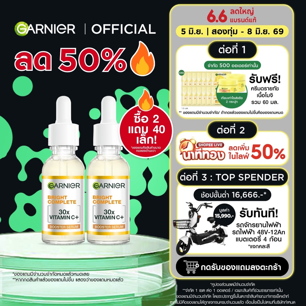 [-50% + แถมจุก 40 ซองเพียงชิ้นละ280.-ในไลฟ์] [แพ็คคู่สุดคุ้ม] การ์นิเย่ ไบรท์ คอมพลีท วิตามินซี บูสเตอร์ เซรั่มลดจุด 30ม