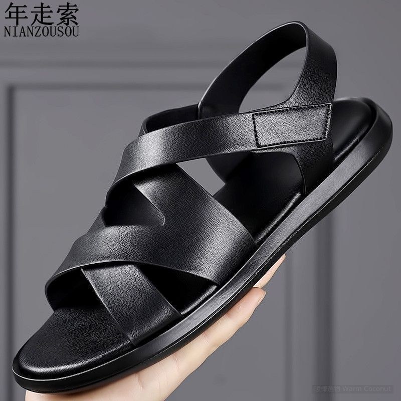 Men's Casual Sandals Top Grain Leather 2025 Soft Sole Hollow Out Flat Beach Shoes Waterproof Slip-re