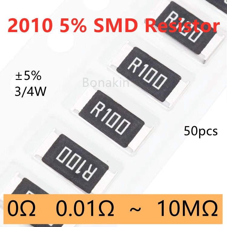50 ชิ้น 2010 5% ตัวต้านทาน SMD 0.01R0.03R0.05R0.1R0.15R0.2R0.3R0.5R2R3.3R10R20R51R100R200R330R1K1.2K