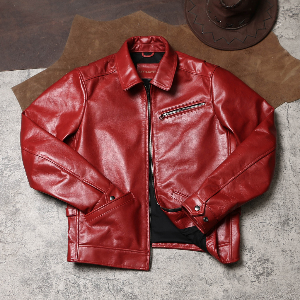 1930 Retro God Leather Jacket Big Red Oil Wax Cowhide Jacket Lapel Short Slim-fit Motorcycle Leather