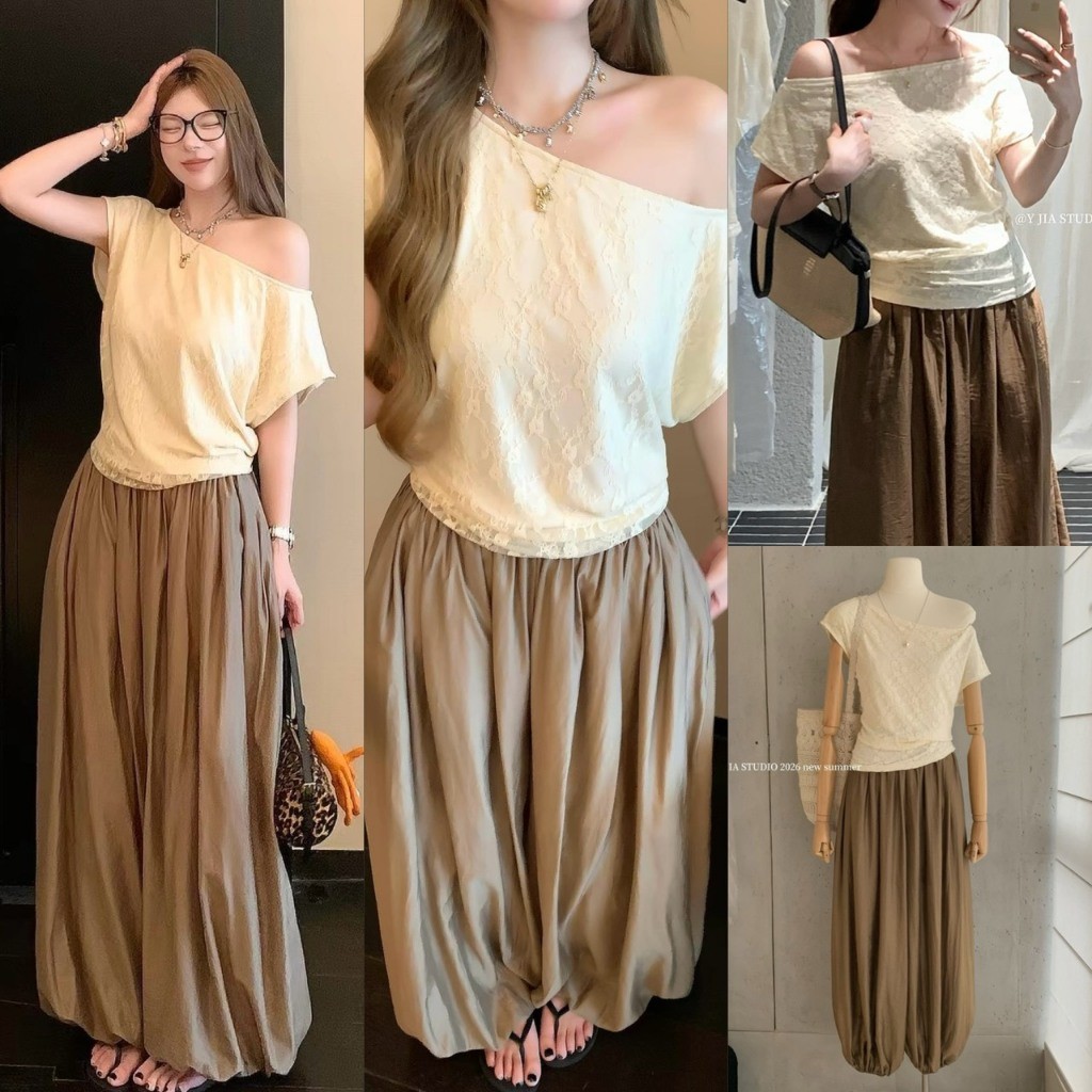 ❤ 🧵 🇰🇷 Y8965 เซ็ท 2 ชิ้น เสื้อแขนสั้นปาดไหล่ ลายลูกไม้ มาพร้อมกางเกงเอวสมอค ทรงจินนี่ แฟชั่นเกาหลี TAG Yjia 🧡