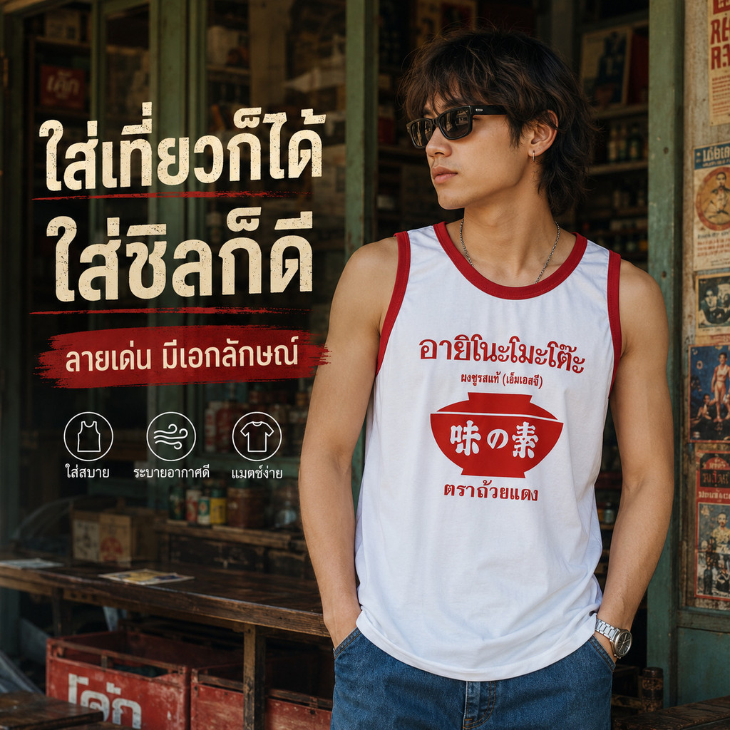 เสื้อกล้าม เสื้อแขนกุด สกรีนลายอายิโนะโมะโตะ มี5ไซส์ S M L XL 2XL ผ้าไมโคร ใส่สบาย ระบายอากาศดีมาก