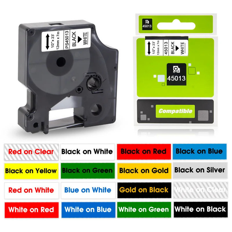 12 มม.45013 D1 เทปสําหรับ Dymo สีดําสีขาว Cassette สําหรับ DYMO LabelManager 100 150 160 200